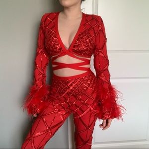 Fashion Nova Red Sequin & Feather Pant Set